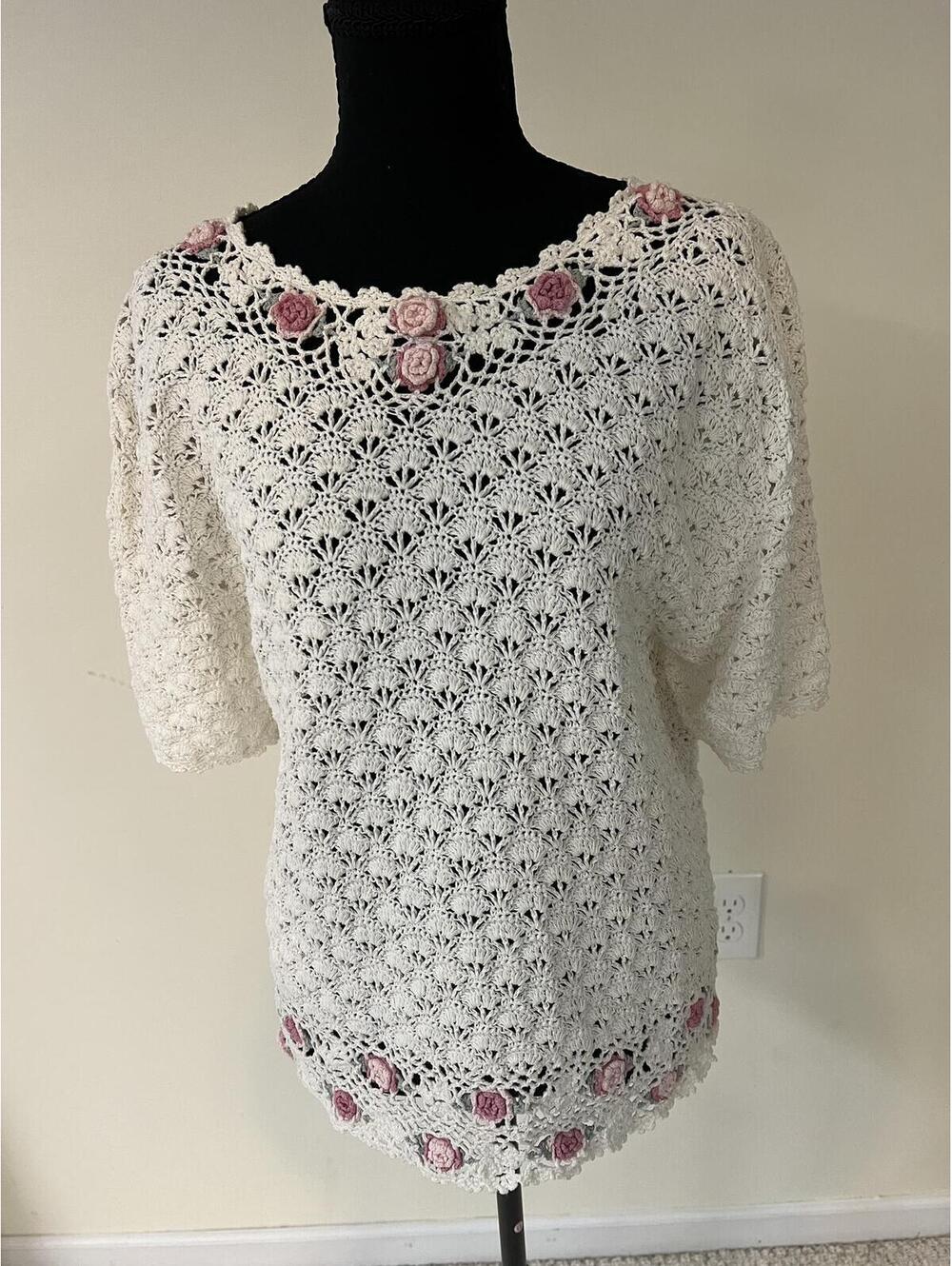Vintage Hand Crocheted Sweater M White Pink Rose Trim Cottagecore Boho